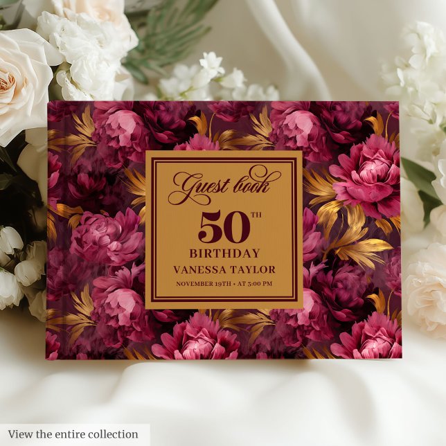 Luxury Merlot  Guld Blommigt 50:e födelsedagen Gästböcker (Luxury Merlot Blush Gold Floral 50th Birthday Guest Book)