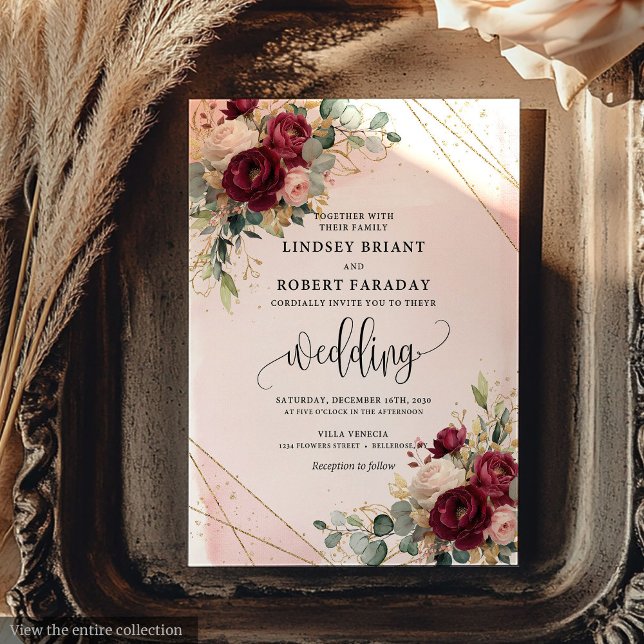 Luxury Merlot Guld  Ro Elegant bröllop Inbjudningar (Luxury Merlot Gold Blush Roses Elegant Wedding Invitation )