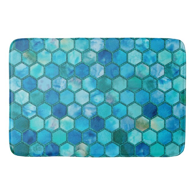 Luxury Metall Foil Glitter Aqua Blue honeycomb Badrumsmatta (Framsidan)