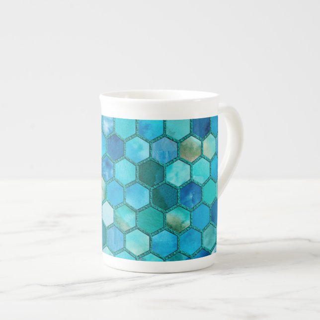Luxury Metall Foil Glitter Aqua Blue honeycomb Benporslin Mugg (Framsida höger)