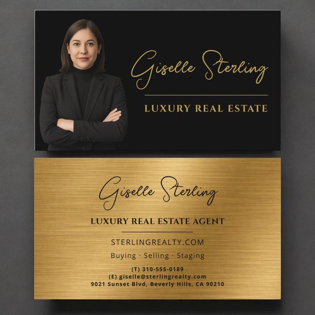 Luxury Metallic Real Estate Black Gold Script  Visitkort (Skapare uppladdad)