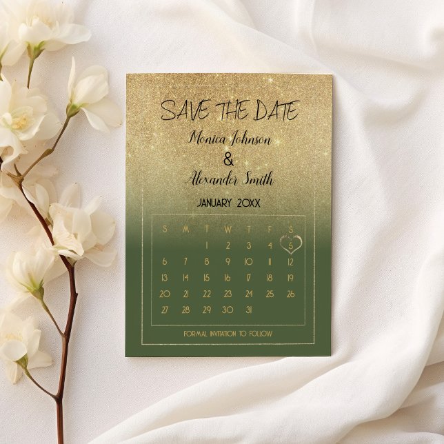 Luxury Mint Gold Glitter Calendar Save the Date  Meddelande Vykort (Luxury Mint Gold Glitter Calendar Save the Date Announcement Postcard)