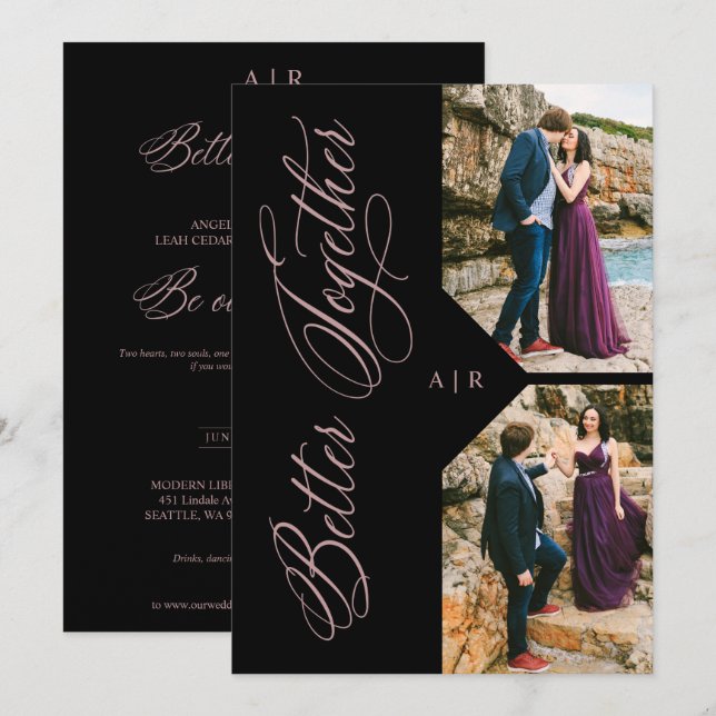 Luxury Modern 2 Photos Collage Rose Gold Whimsical Inbjudningar (Fram/baksida)