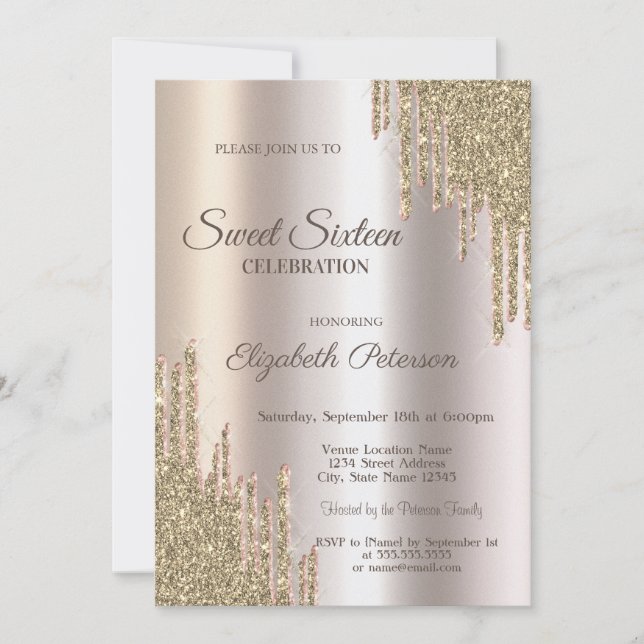 Luxury Modern Glitter Drips Gold  Sweet 16 Inbjudningar (Framsida)