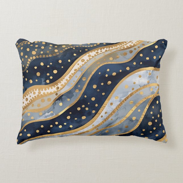 Luxury, Modern, Gold Blue Pattern Prydnadskudde (Framsidan)