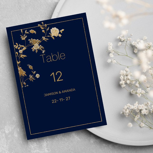 Luxury modern gold floral navy blue Table Numbers Inbjudningar (Luxury modern gold floral navy blue Table Numbers )