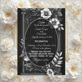 Luxury Monochrome Art Black Vintage Floral Wedding Inbjudningar