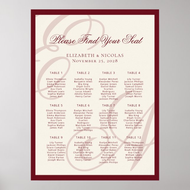 Luxury Monogram Calligraphy Wedding Seating Chart Poster (Framsidan)