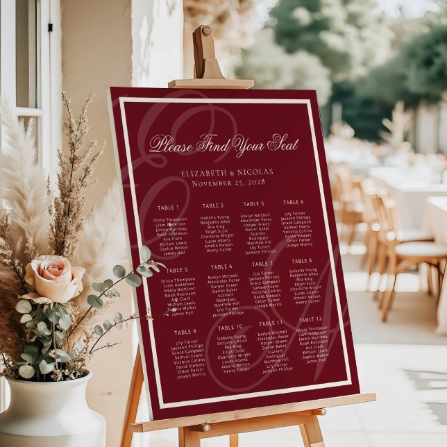 Luxury Monogram Deep Red Wedding Seating Chart Poster (Skapare uppladdad)