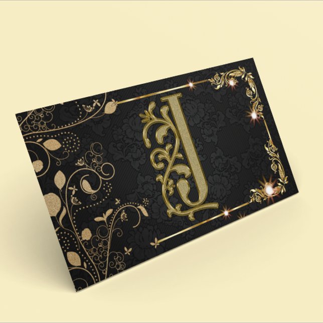 Luxury Monogram Guld Black Gnistra Visitkort (Skapare uppladdad)