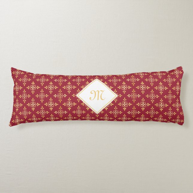 Luxury Monogram Red and Guld Quatre Blommigt Kroppskudde (Framsidan)