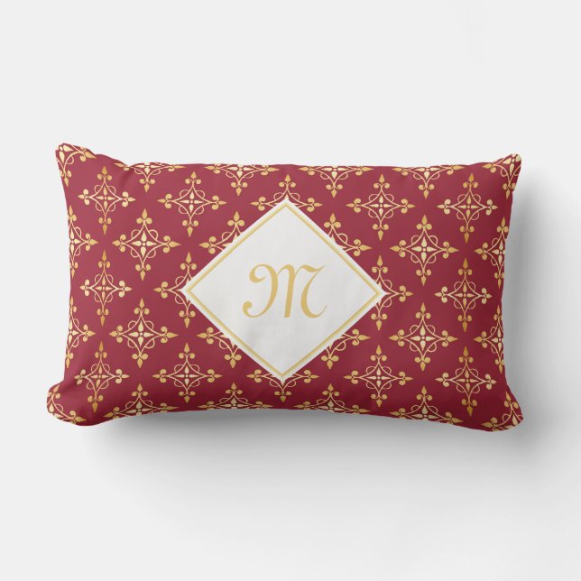 Luxury Monogram Red and Guld Quatre Blommigt Lumbarkudde (Framsida)