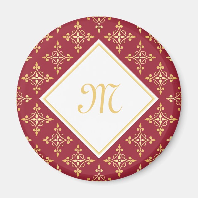 Luxury Monogram Red and Guld Quatre Blommigt Magnet (Framsidan)