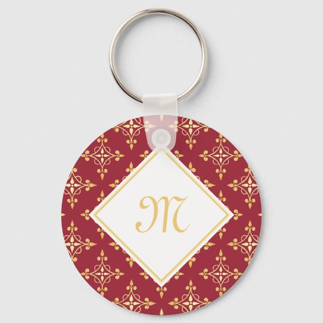 Luxury Monogram Red and Guld Quatre Blommigt Nyckelring (Framsida)
