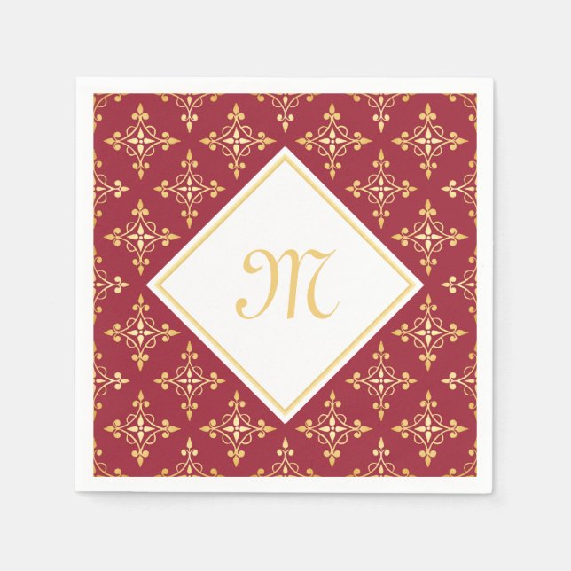Luxury Monogram Red and Guld Quatre Blommigt Pappersservett (Framsidan)