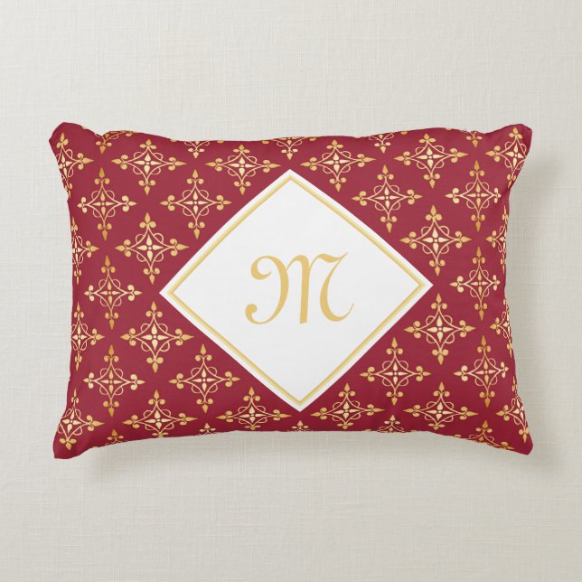 Luxury Monogram Red and Guld Quatre Blommigt Prydnadskudde (Framsidan)