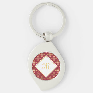 Luxury Monogram Red and Guld Quatre Blommigt Swirl Silverfärgad Nyckelring