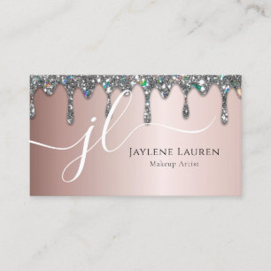 Luxury Monogram Silver Glitter Drips Light Mauve Visitkort