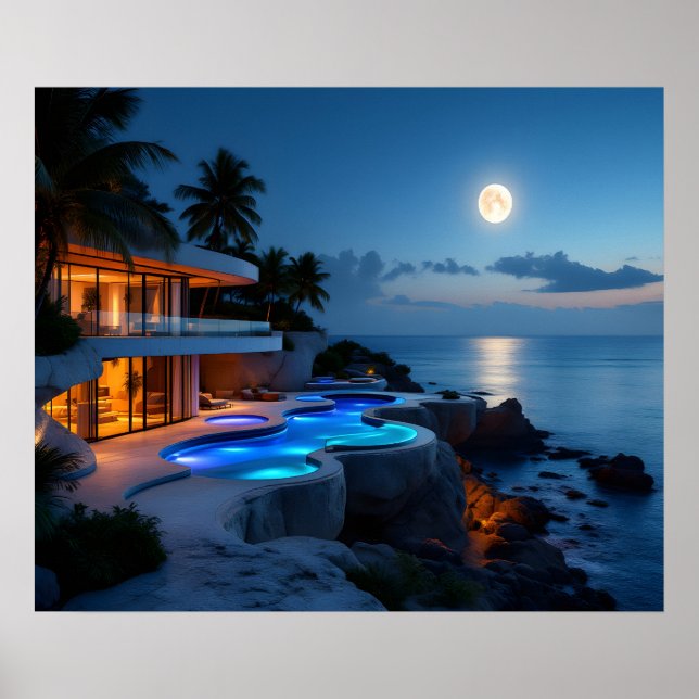 Luxury Moonlit Villa – Modern Ocean Night Aestheti Poster (Framsidan)