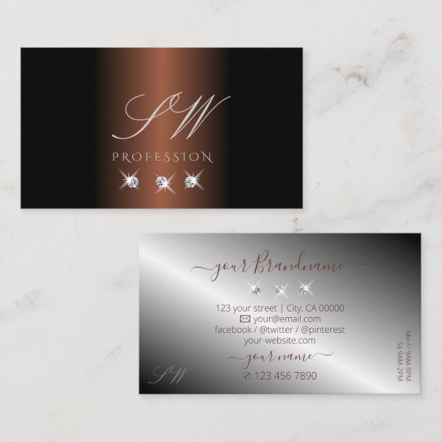 Luxury Mörk Brown Silver Gnistra Diamonds Monogram Visitkort (Fram/baksida)