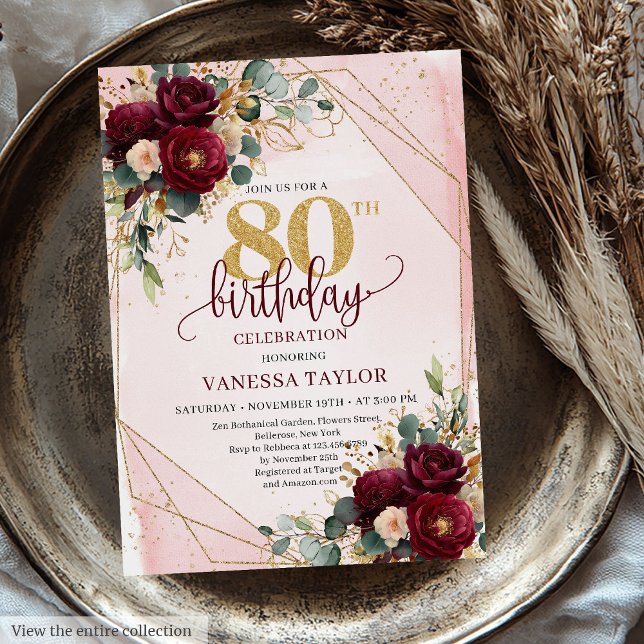 Luxury Mörk Red  Guld Ro 80 Birthday Inbjudningar (Luxury Dark Red Blush Gold Roses 80th Birthday Invitation)