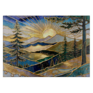 Luxury Mountain Sunrise Glass Cutting Board