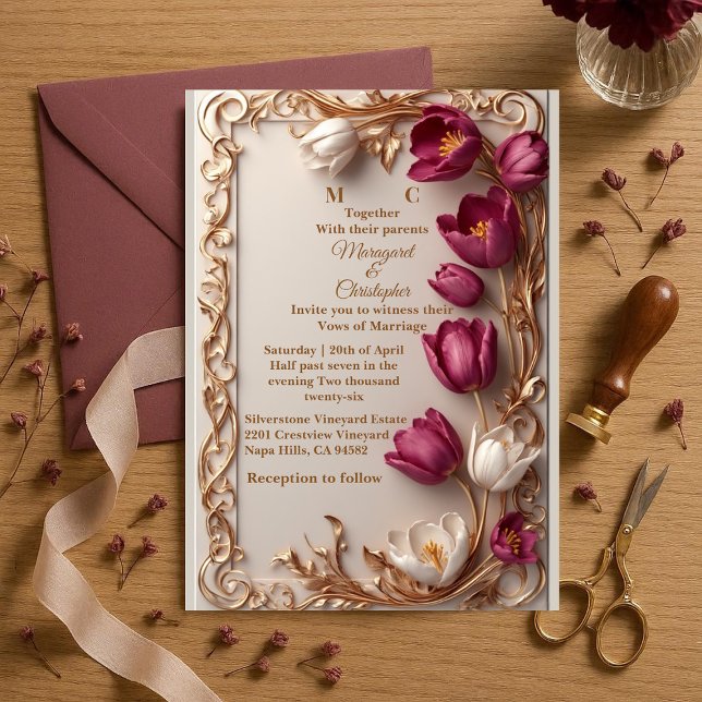 Luxury Mulberry Tulip Gold Baroque Opulent Wedding Inbjudningar (Luxury Mulberry Tulip Gold Baroque Opulent Wedding Invitation)