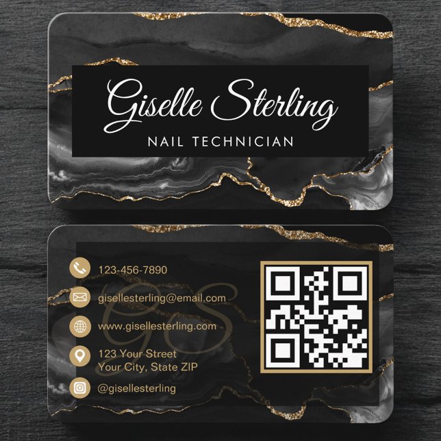 Luxury Nail Technician Black Gold QR Code Visitkort (Skapare uppladdad)