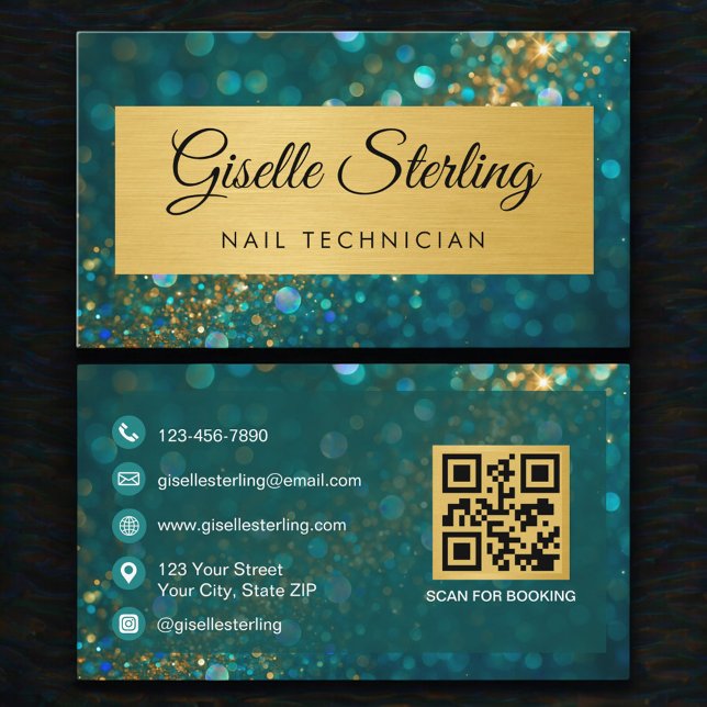Luxury Nail Technician Gold Teal Glitter QR Code Visitkort (Skapare uppladdad)