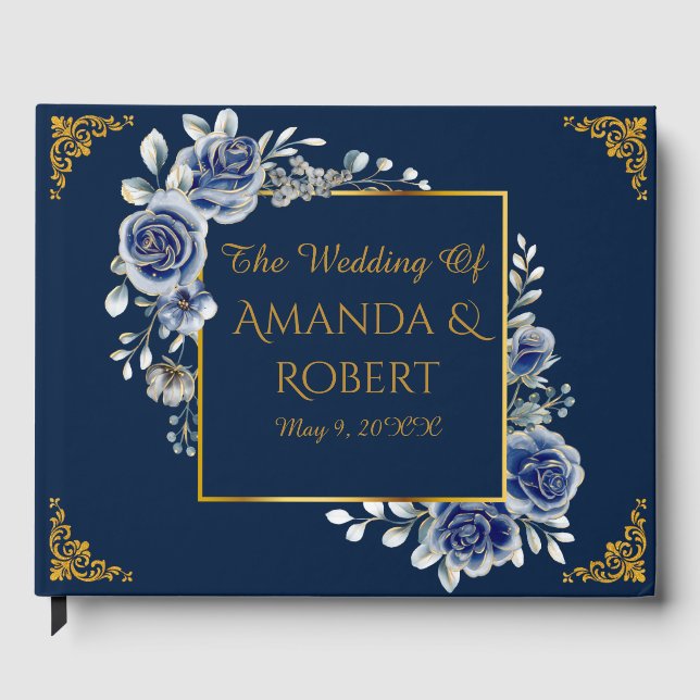Luxury Navy and Gold Floral Wedding Guest Book  Gästböcker (Framsida)
