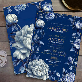 Luxury Navy Blue and Gold Elegant Floral Chinoiser Inbjudningar