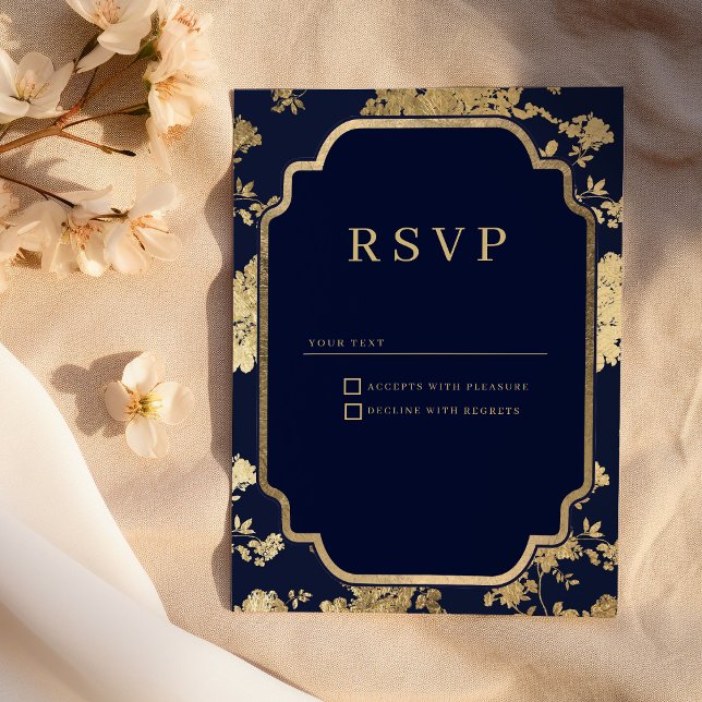Luxury navy blue and gold floral RSVP Inbjudningar (Luxury navy blue and gold floral RSVP )