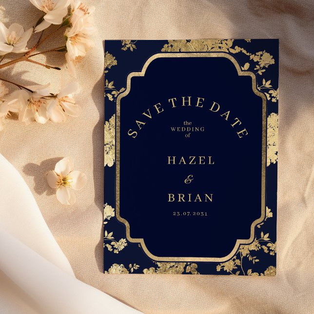 Luxury navy blue and gold floral Save the Date Inbjudningar (Luxury navy blue and gold floral Save the Date )