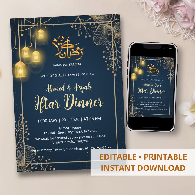 Luxury Navy Blue and Gold Glitter Frame Iftar  Inbjudningar (Skapare uppladdad)