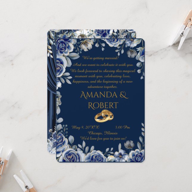 Luxury Navy Blue and Gold Wedding Invitation with  Inbjudningar (Fram/Back In Situ)