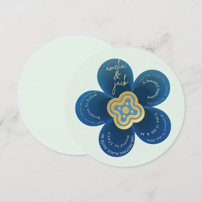 Luxury Navy Blue Floral Wedding Invitation - Custo Inbjudningar (Fram/baksida)