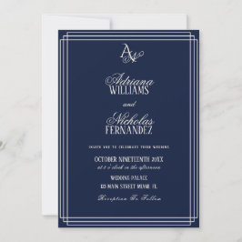 Luxury Navy Blue Monogram Wedding Inbjudningar