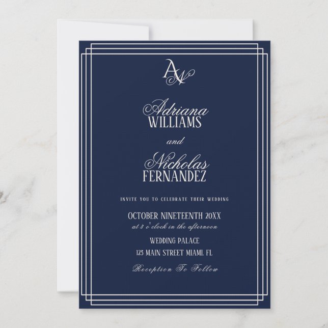 Luxury Navy Blue Monogram Wedding Inbjudningar (Framsida)