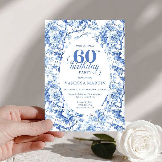 Luxury Navy Blue Roses Toile 60th Birthday Invite Inbjudningar (Luxury Navy Blue Roses Toile 60th Birthday Invite)
