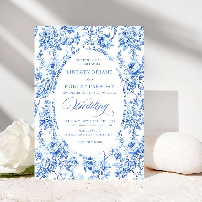 Luxury Navy Blue Toile Rose Floral Wedding Invite Inbjudningar (Luxury Navy Blue Toile Rose Floral Wedding Invitation)