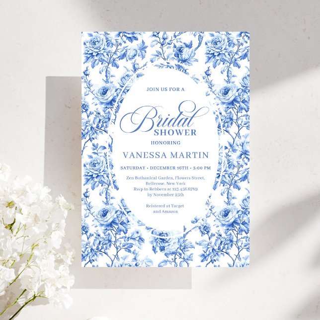 Luxury Navy Blue Toile Roses Bridal Shower Invites Inbjudningar (Luxury Navy Blue Toile Roses Bridal Shower Invitation)