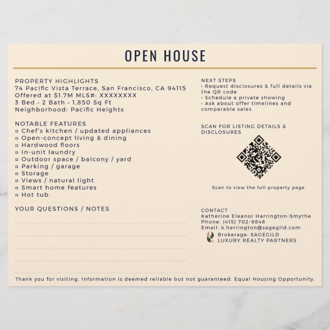 Luxury Navy/Cream Open House Both Sides Sign-In Reklamblad (Baksidan)
