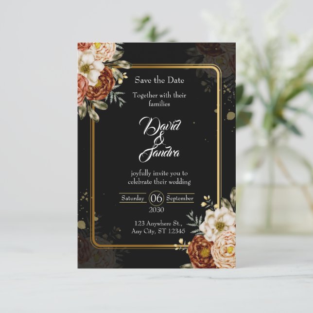 Luxury Navy & Gold Floral Wedding Invitation OSA Kort (Stående Fram)