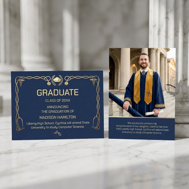 Luxury Navy & Gold Medical  Inbjudningar (#GraduationInvitation
#MedicalGraduation
#DoctorGraduation
#LuxuryInvitation#NavyGoldDesign#Graduate)