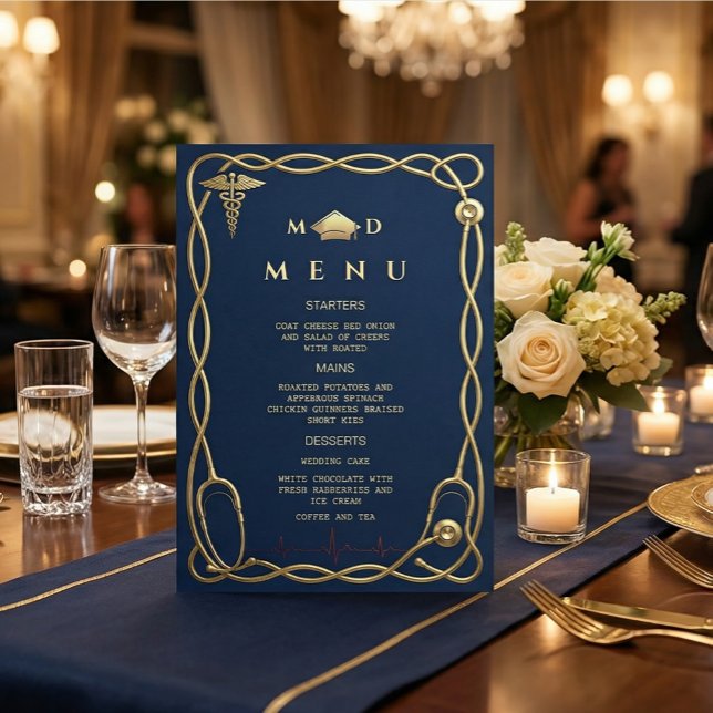 Luxury Navy & Gold Medical Menu Graduation Inbjudningar (#GraduationInvitation #MedicalGraduation #DoctorOfMedicine #NavyAndGoldDesign
#LuxuryInvitation )