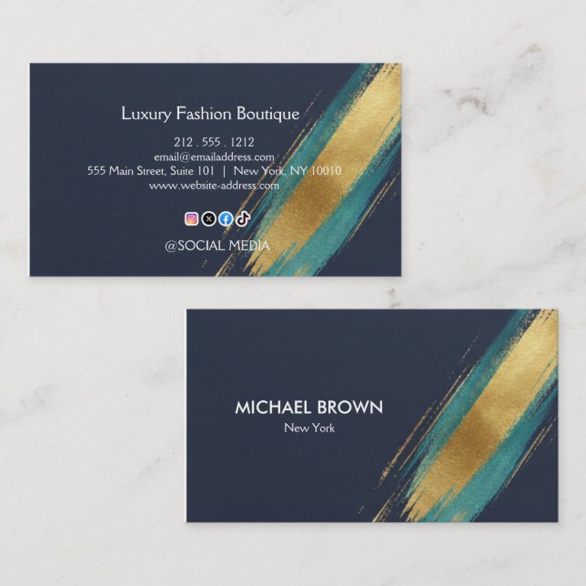 Luxury Navy Gold Teal Watercolor Business Card Visitkort (Fram/baksida)