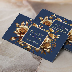 Luxury Navy & Guld Blommigt Beauty Salon & SPA Visitkort