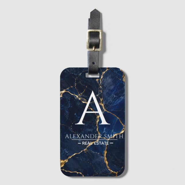 Luxury Navy Marble Gold Monogram Business Branding Bagagebricka (Framsida vertikal)