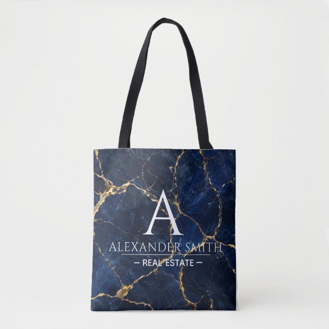Luxury Navy Marble Gold Monogram Business Branding Tygkasse (Framsida)