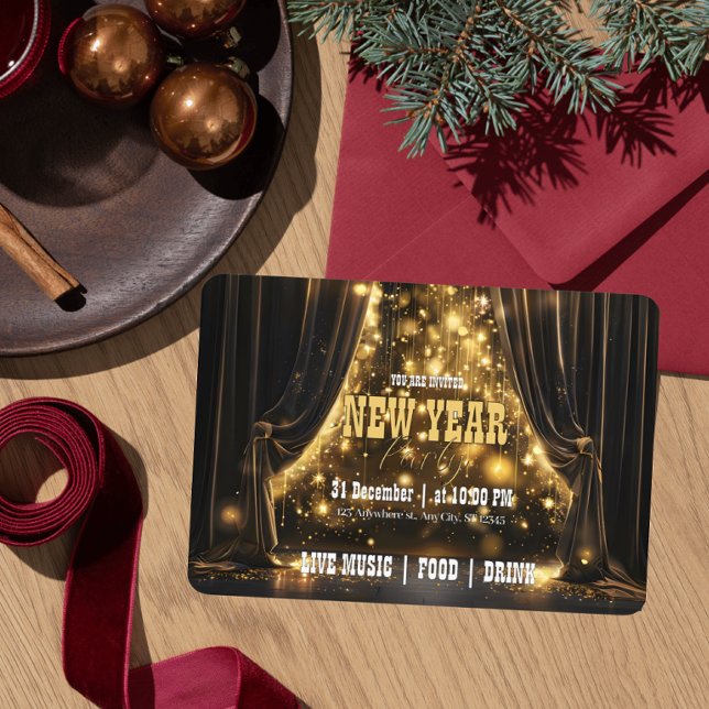 Luxury New Year Party Velvet Curtain Golden Glow Inbjudningar (Skapare uppladdad)